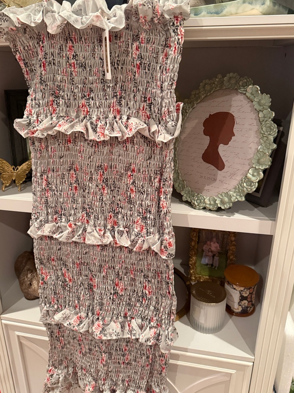 Smocked Floral Ruffle Maxi Dress - White with Pink Flowers